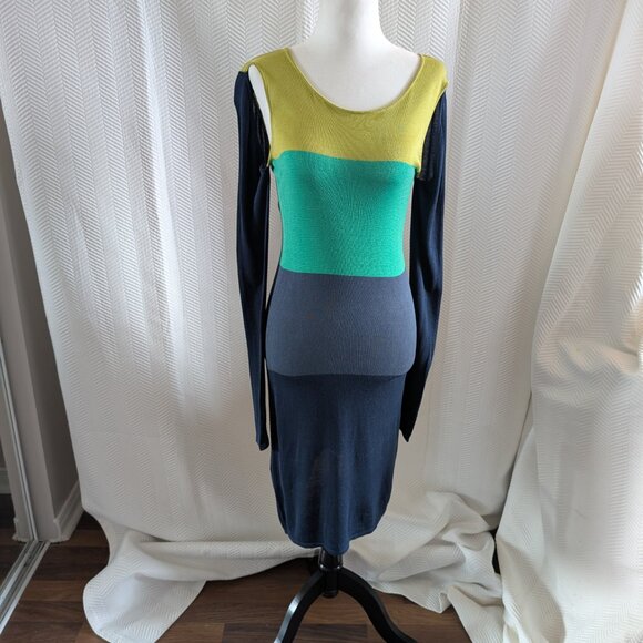 BCBGMAXAZRIA Nomia Silk Blend Color Block Cut Out Midi Dress Lightweight Knit - Picture 1 of 15
